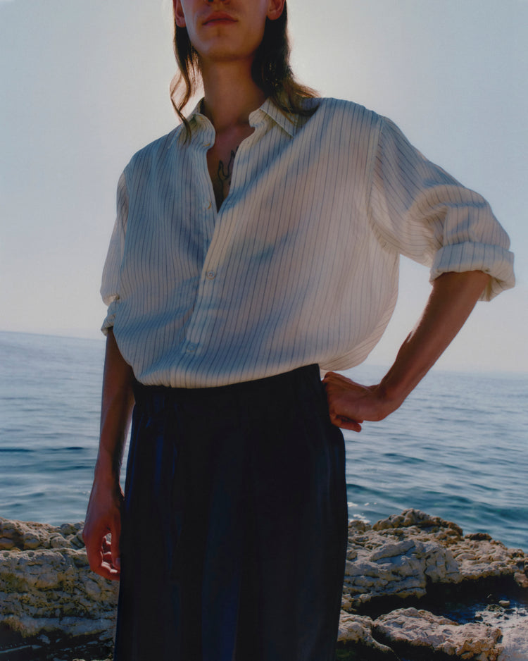 View Silk Shirt in Ecru / Black Stripe