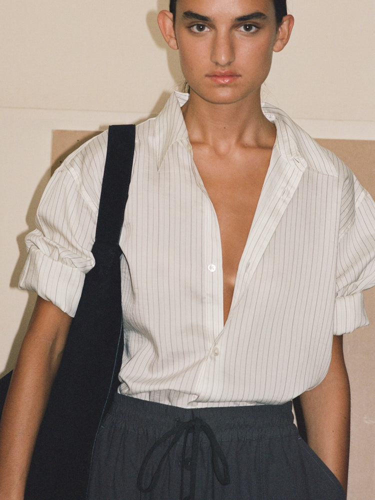 View Silk Shirt in Ecru / Black Stripe