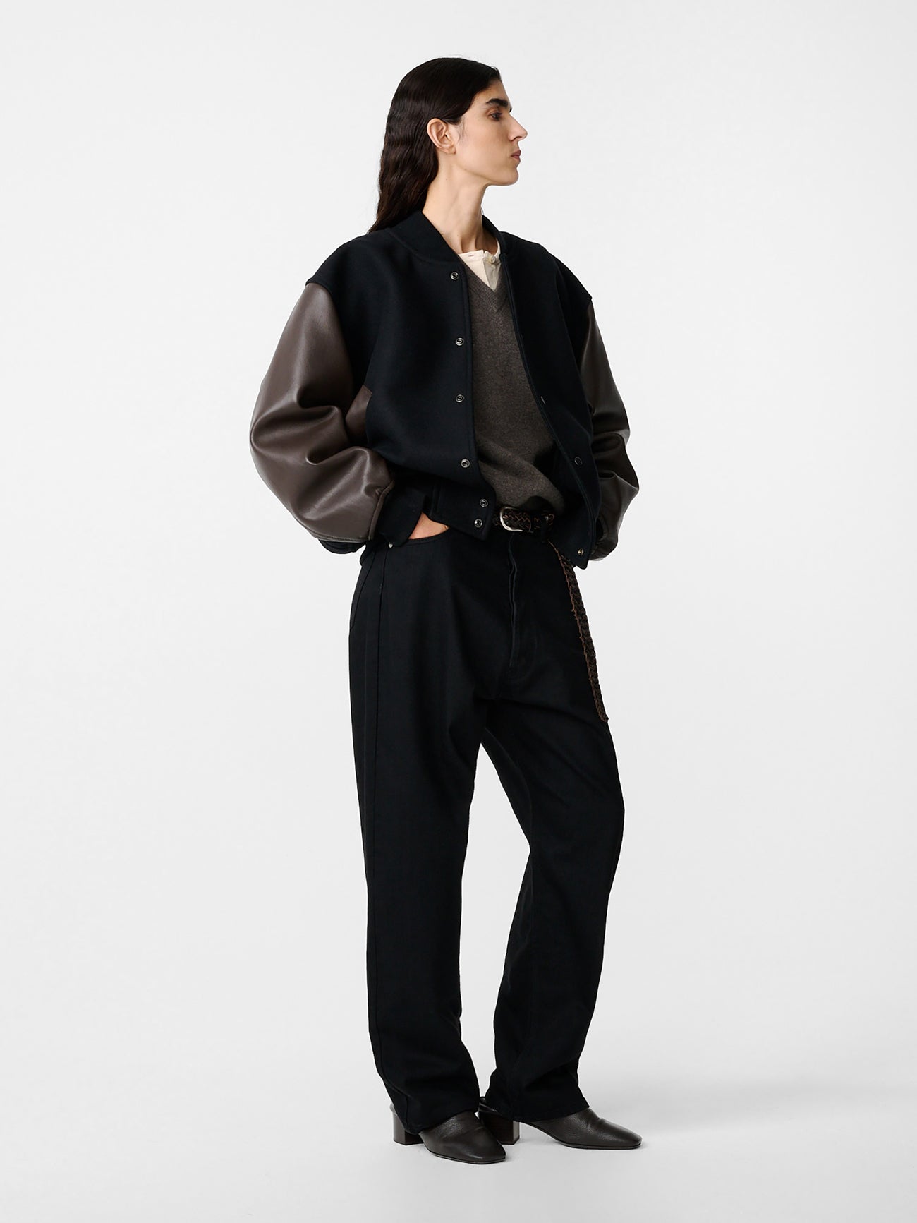 Alph Leather Bomber Jacket in Black / Cocoa