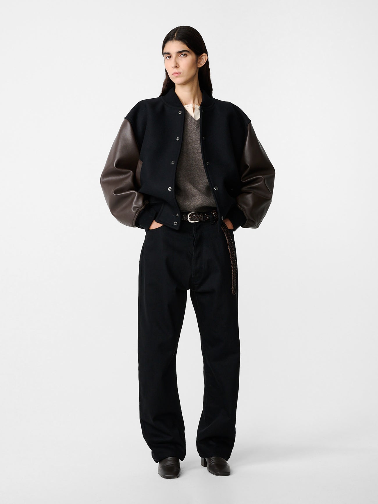 Alph Leather Bomber Jacket in Black / Cocoa