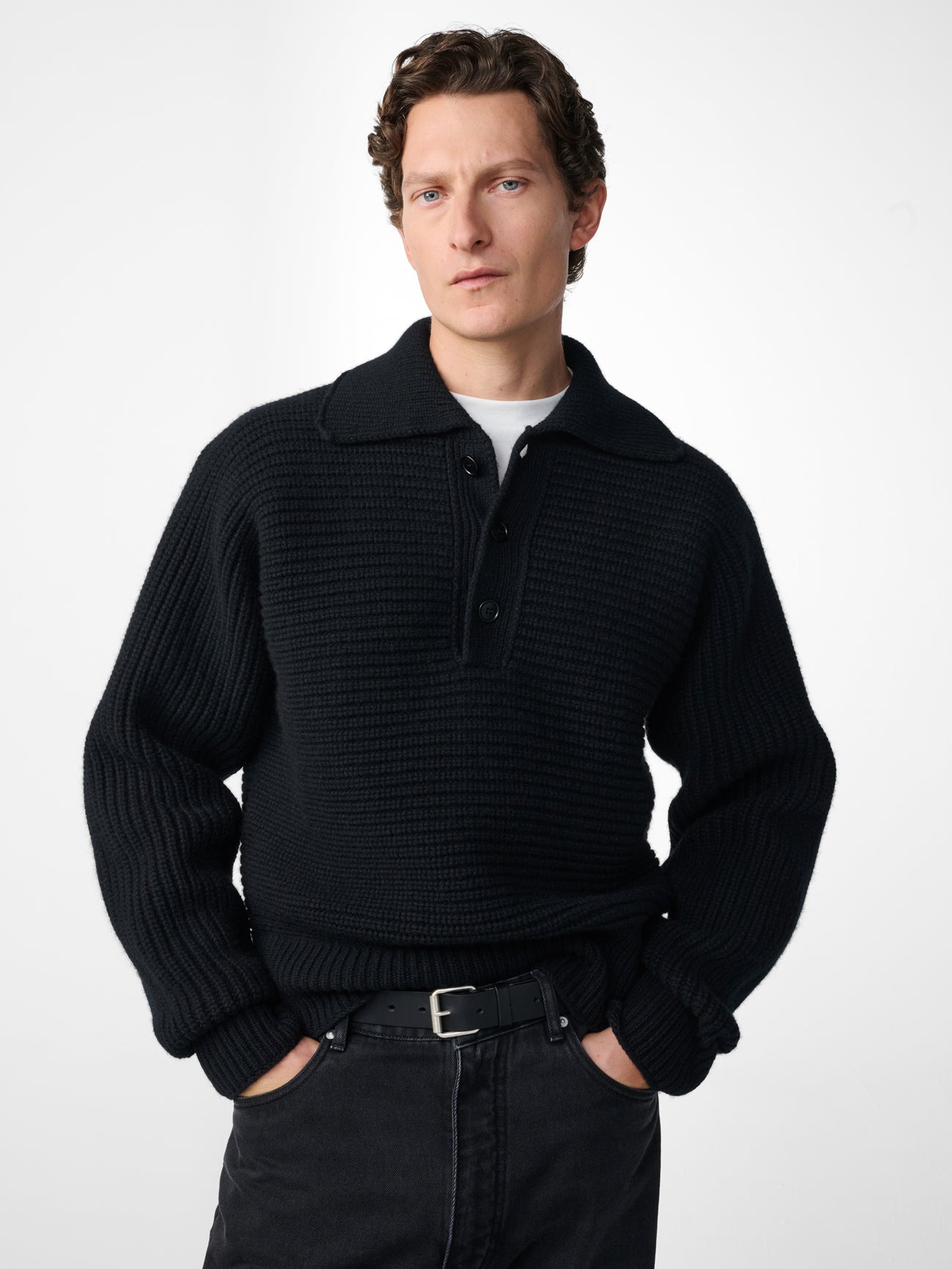 Barrow Lambswool Knit Polo in Black