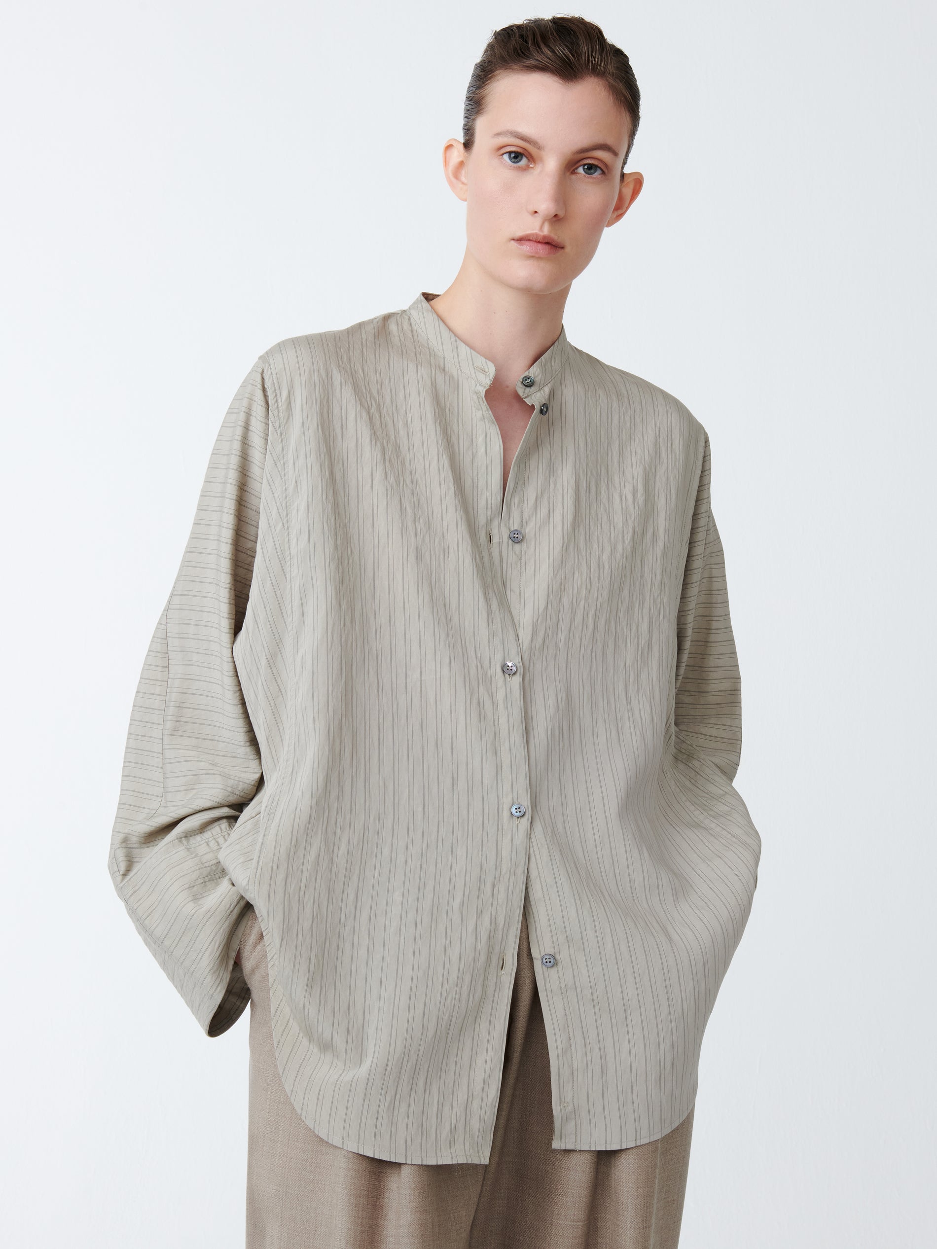 Bonsho Shirt in Pebble / Black Stripe - Studio Nicholson