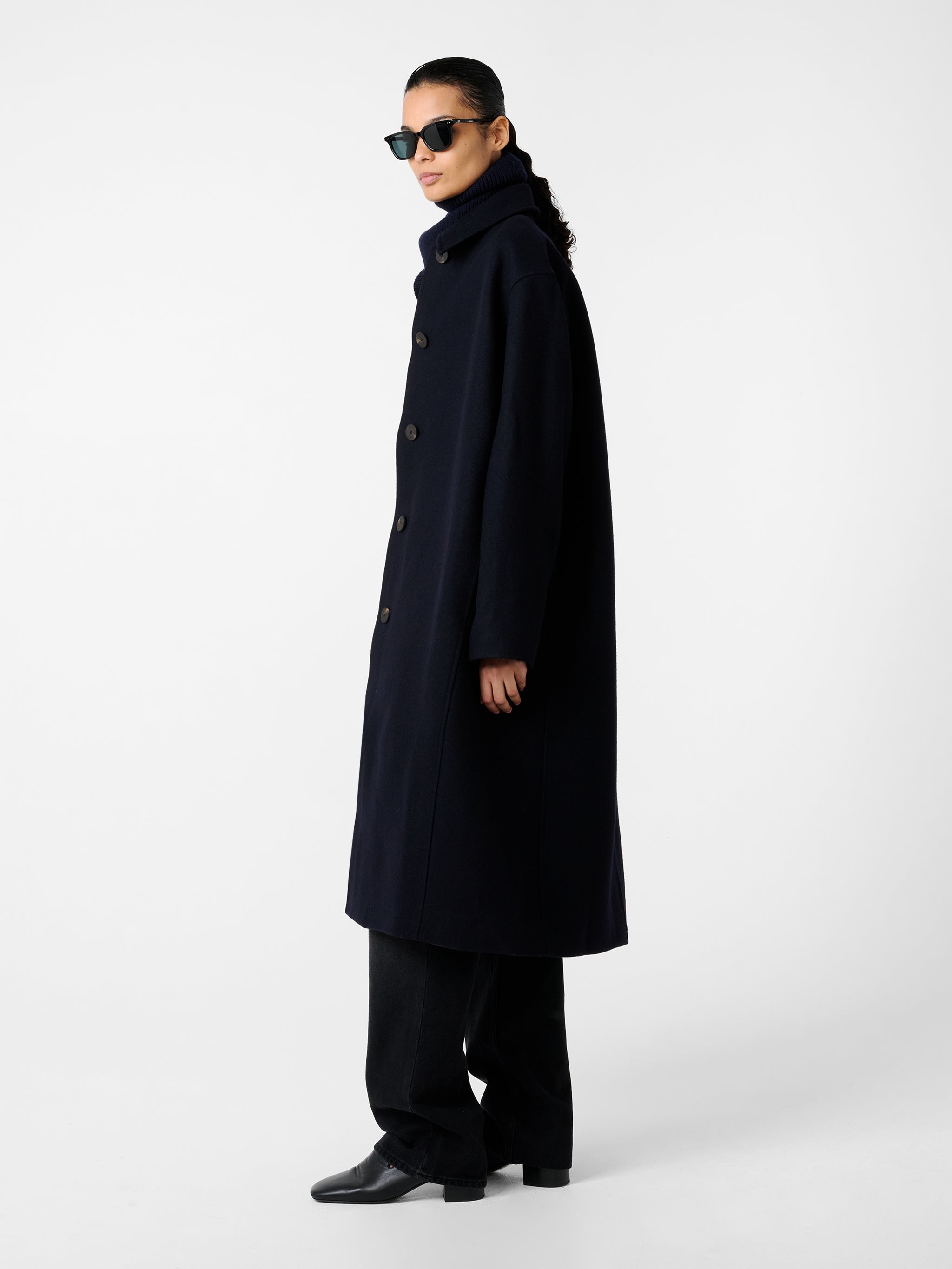 Ria Coat in Dark Navy | Tailored Wool Overcoat | Studio Nicholson