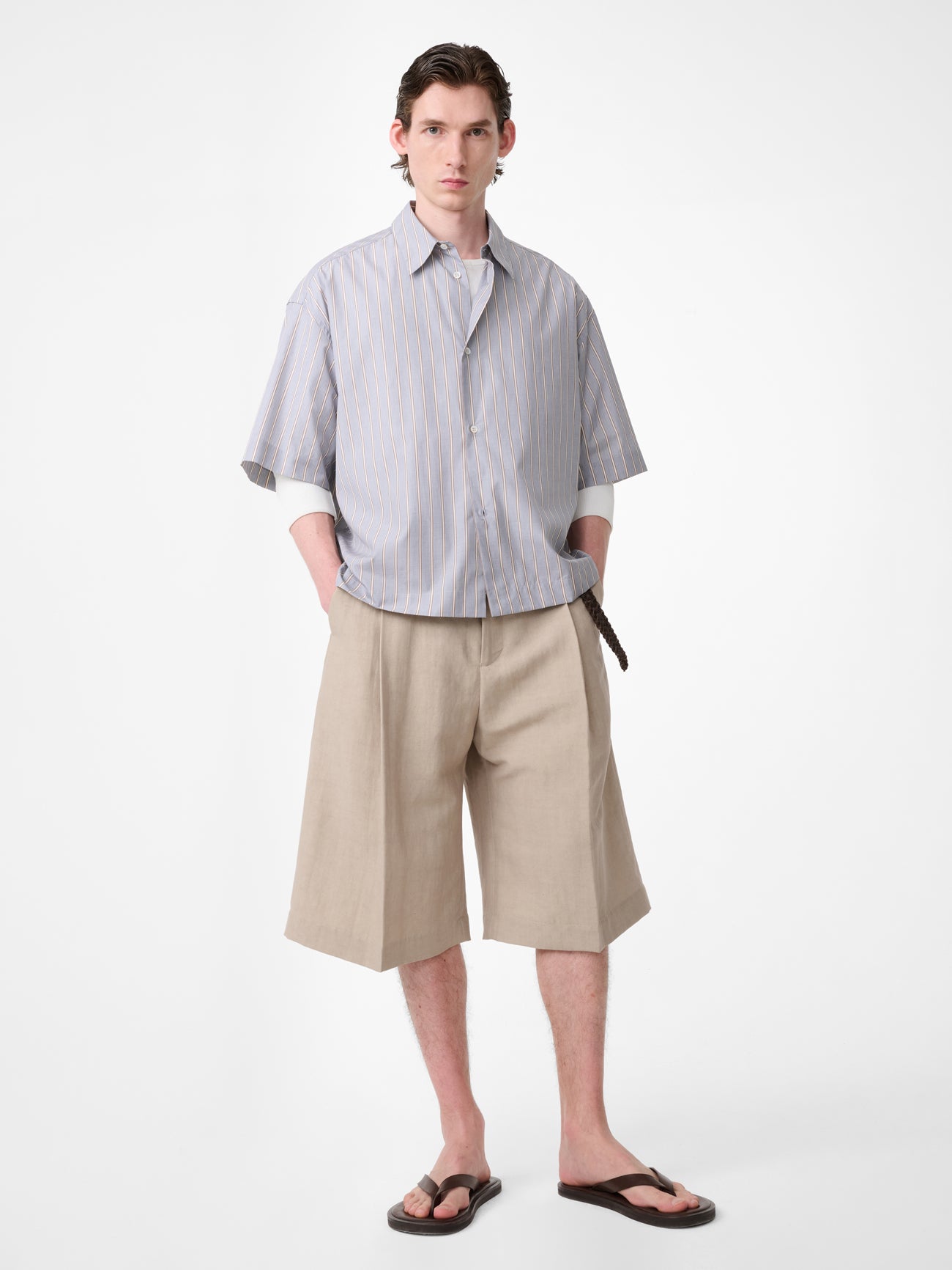 Sanko Short Sleeve Shirt in Grey / Brown Stripe
