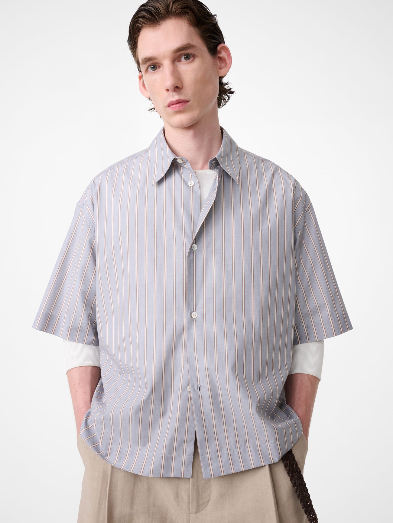 Sanko Short Sleeve Shirt in Grey / Brown Stripe