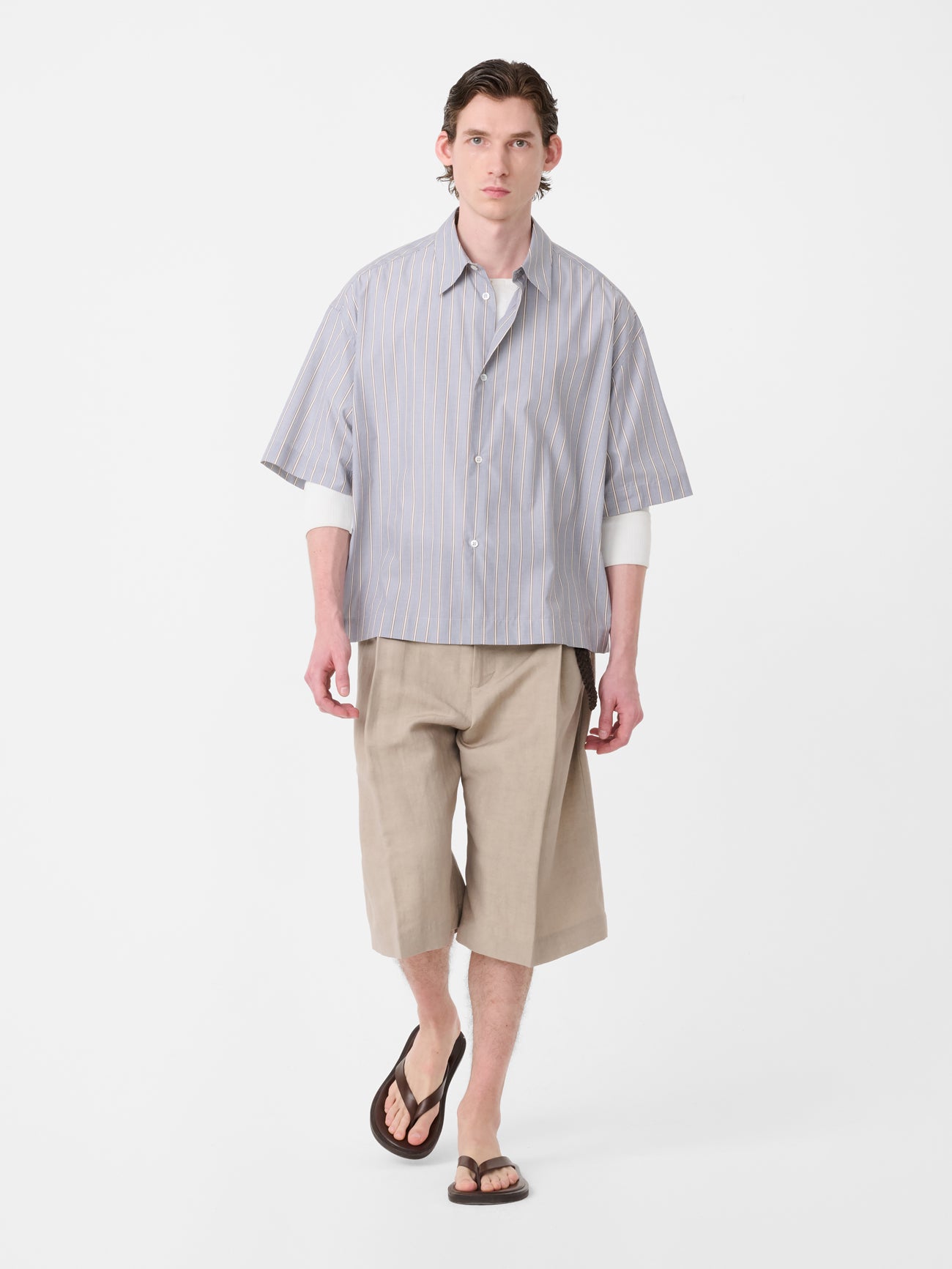 Sanko Short Sleeve Shirt in Grey / Brown Stripe