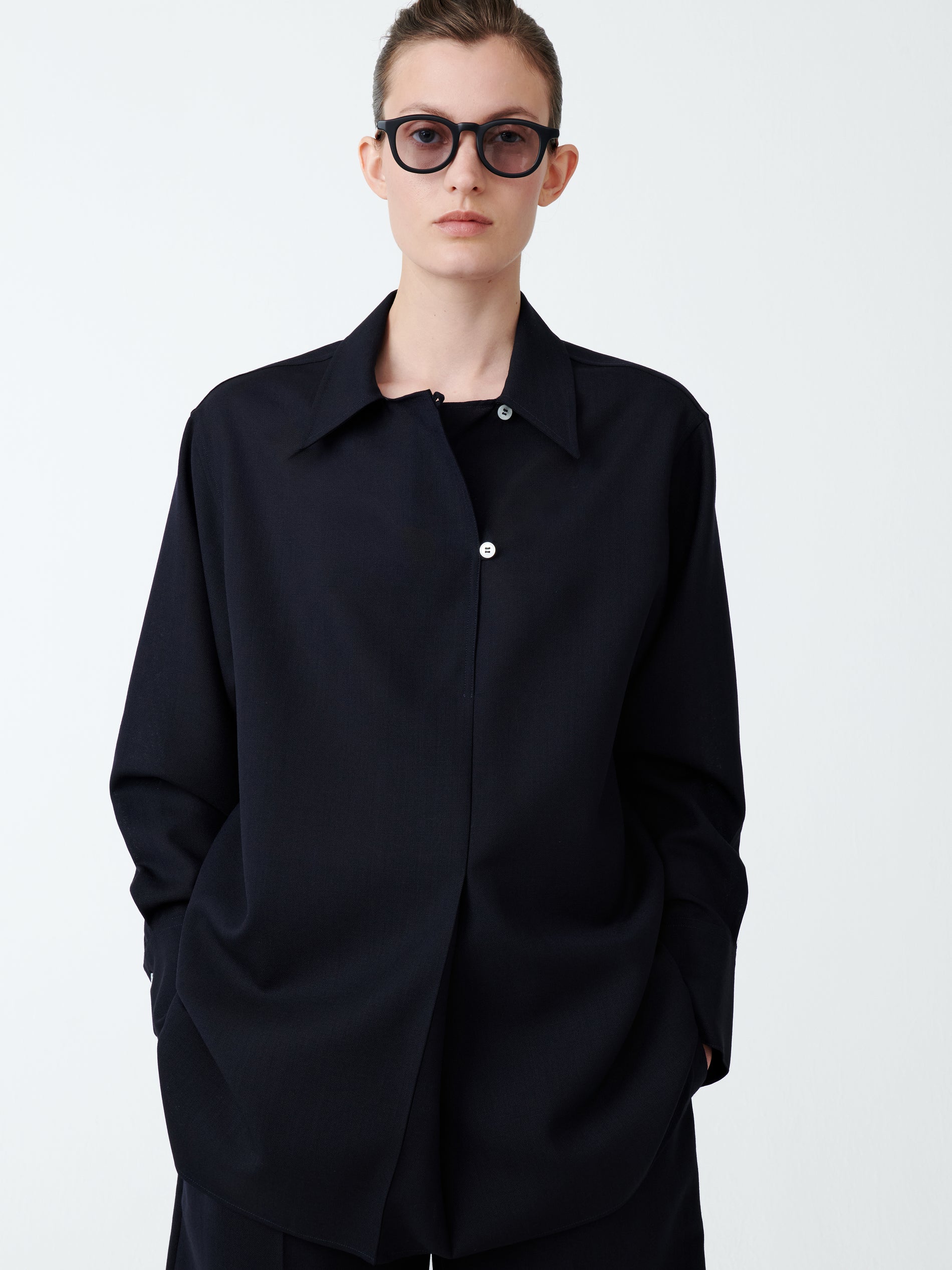Wilton Tropical Wool Shirt in Darkest Navy - Studio Nicholson