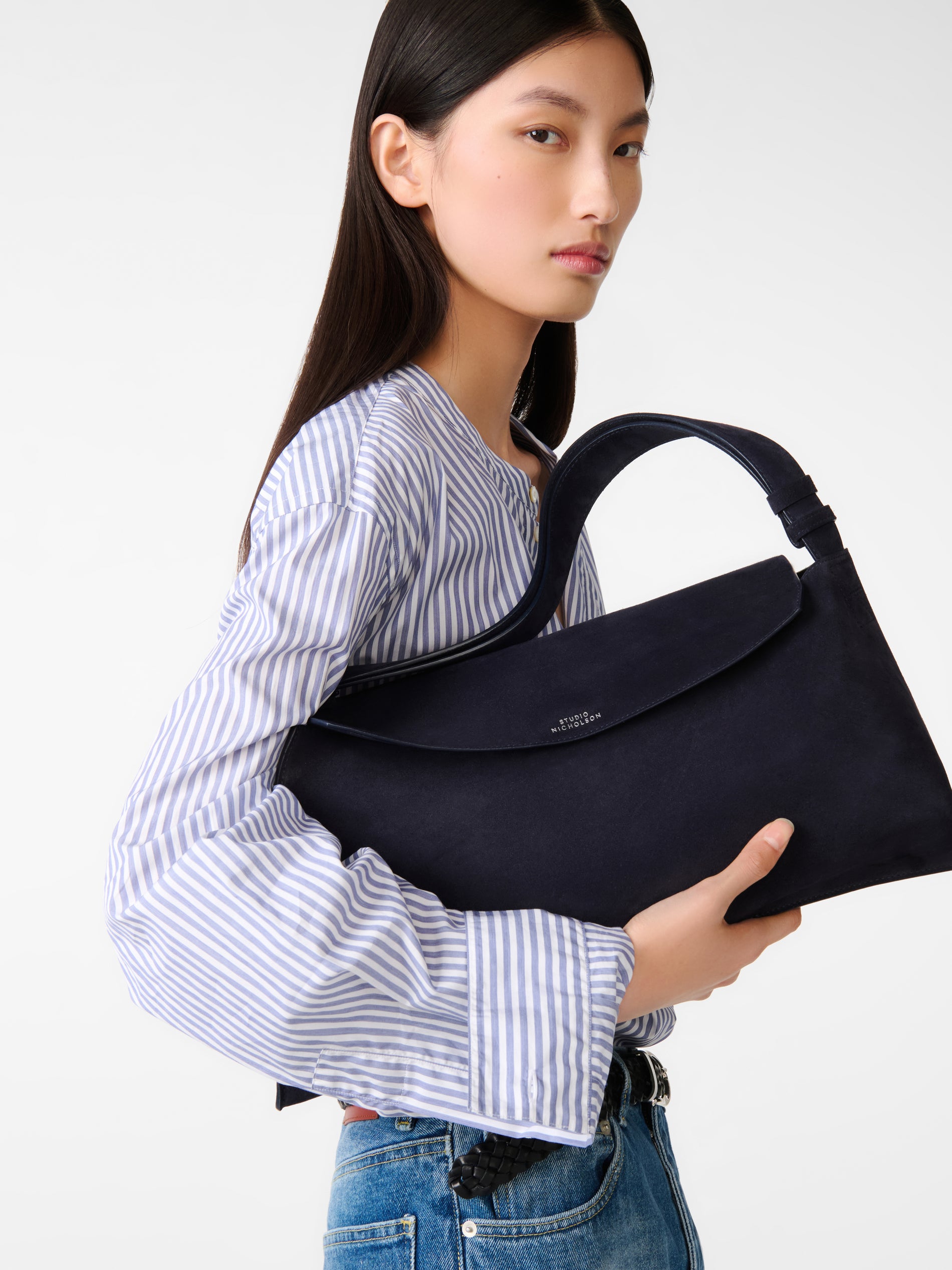 Shiboru Suede Bag in Darkest Navy Suede Shoulder Bag Studio