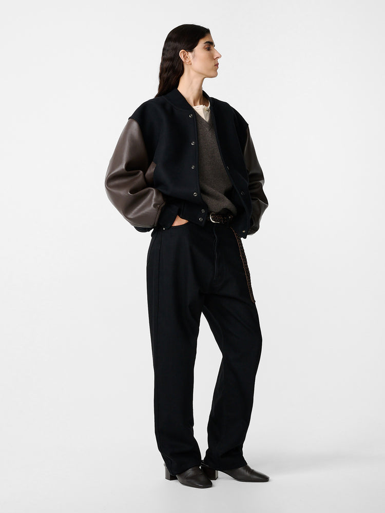 Alph Leather Bomber Jacket in Black / Cocoa