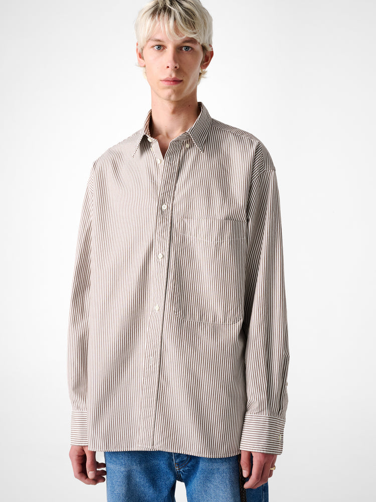 SN X BEAMS Plus Lisa Oxford Shirt in Brown White Stripe